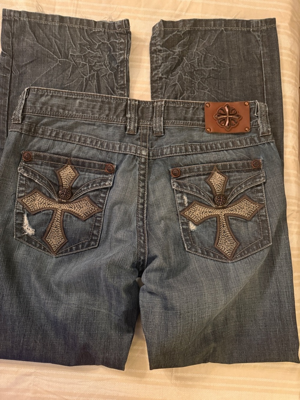 Affliction Distressed Blue Jeans with Embroidered Cross Back Pockets